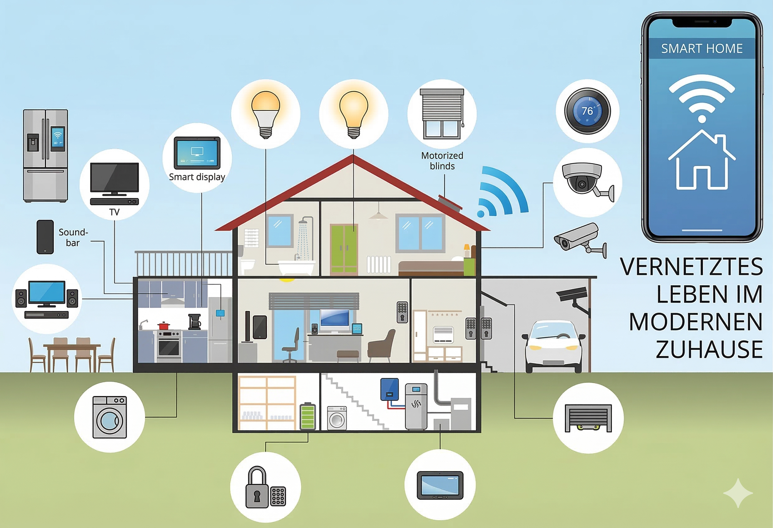 Illustration eines Smart Homes im Querschnitt. Verschiedene Haushaltsgeräte, Beleuchtung und Sicherheitskameras sind über WLAN vernetzt und werden über ein Smartphone gesteuert. Text: Vernetztes Leben im modernen Zuhause.