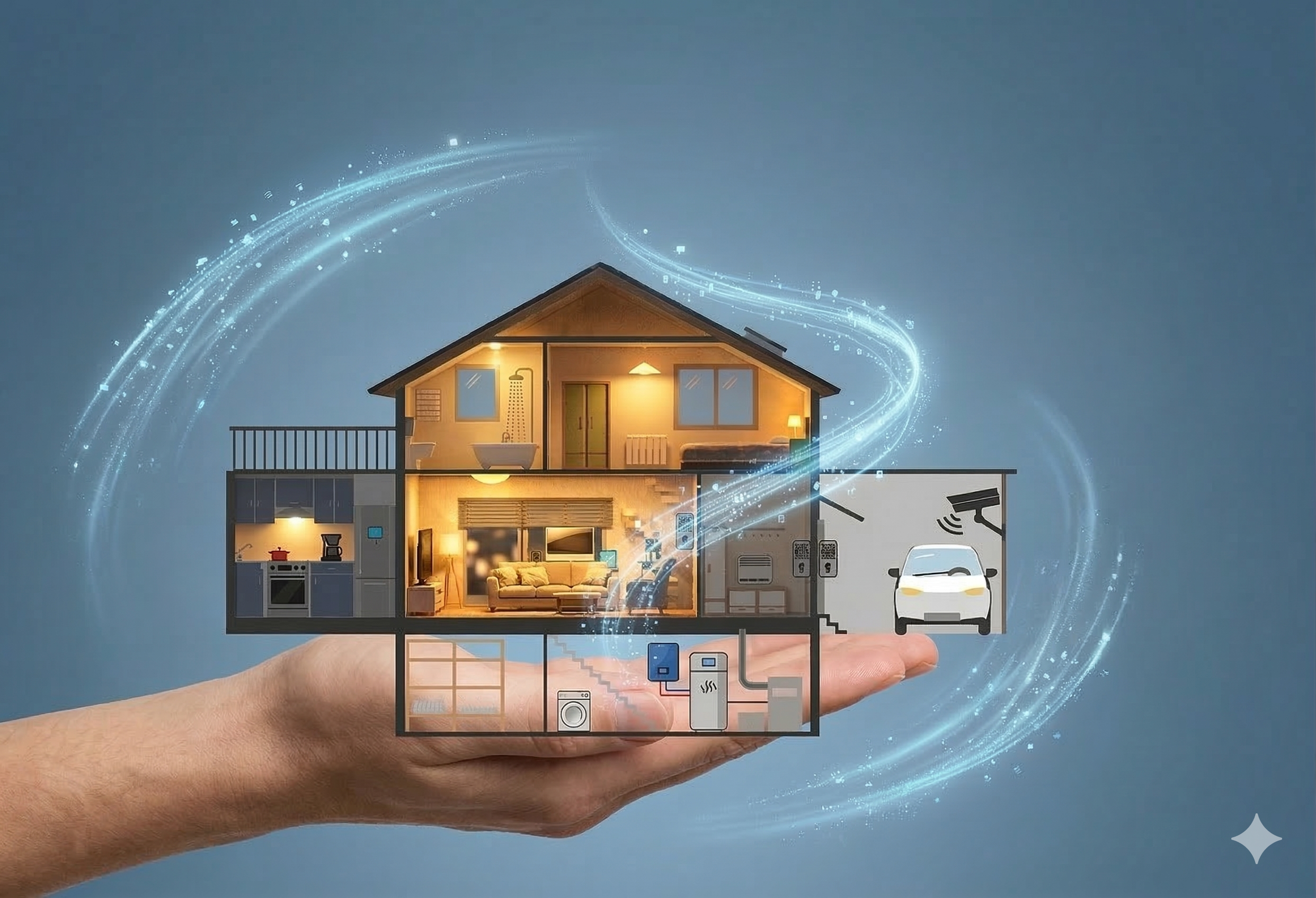 Eine Hand hält ein dargestelltes Haus, das von leuchtend blauen Datenströmen als Symbol für Smart-Home-Vernetzung umflossen wird.
