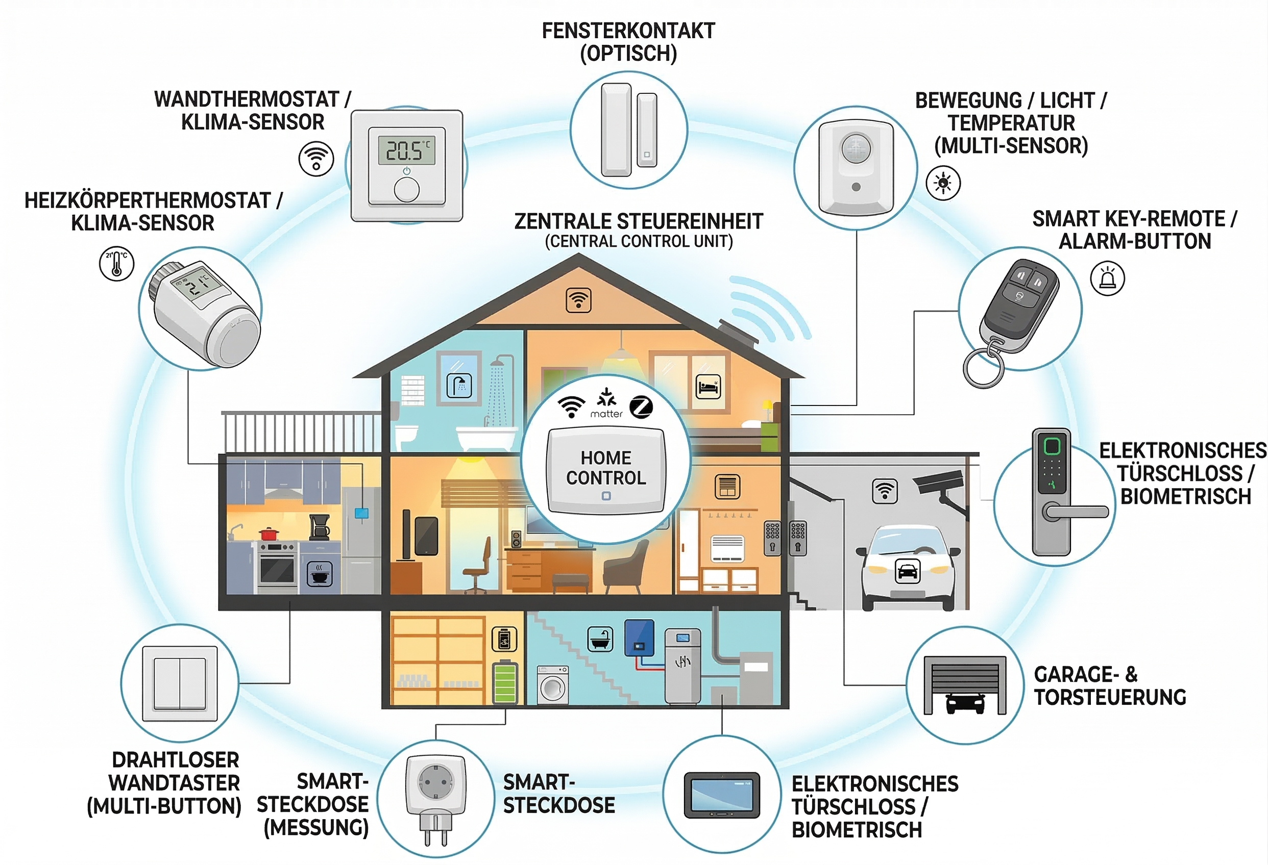 Infografik eines Smart Homes, bei dem eine zentrale Steuereinheit (Home Control) in der Mitte des Hauses mit verschiedenen ringsum angeordneten Geräten wie Thermostaten, Sensoren, smarten Steckdosen und Türschlössern vernetzt ist.