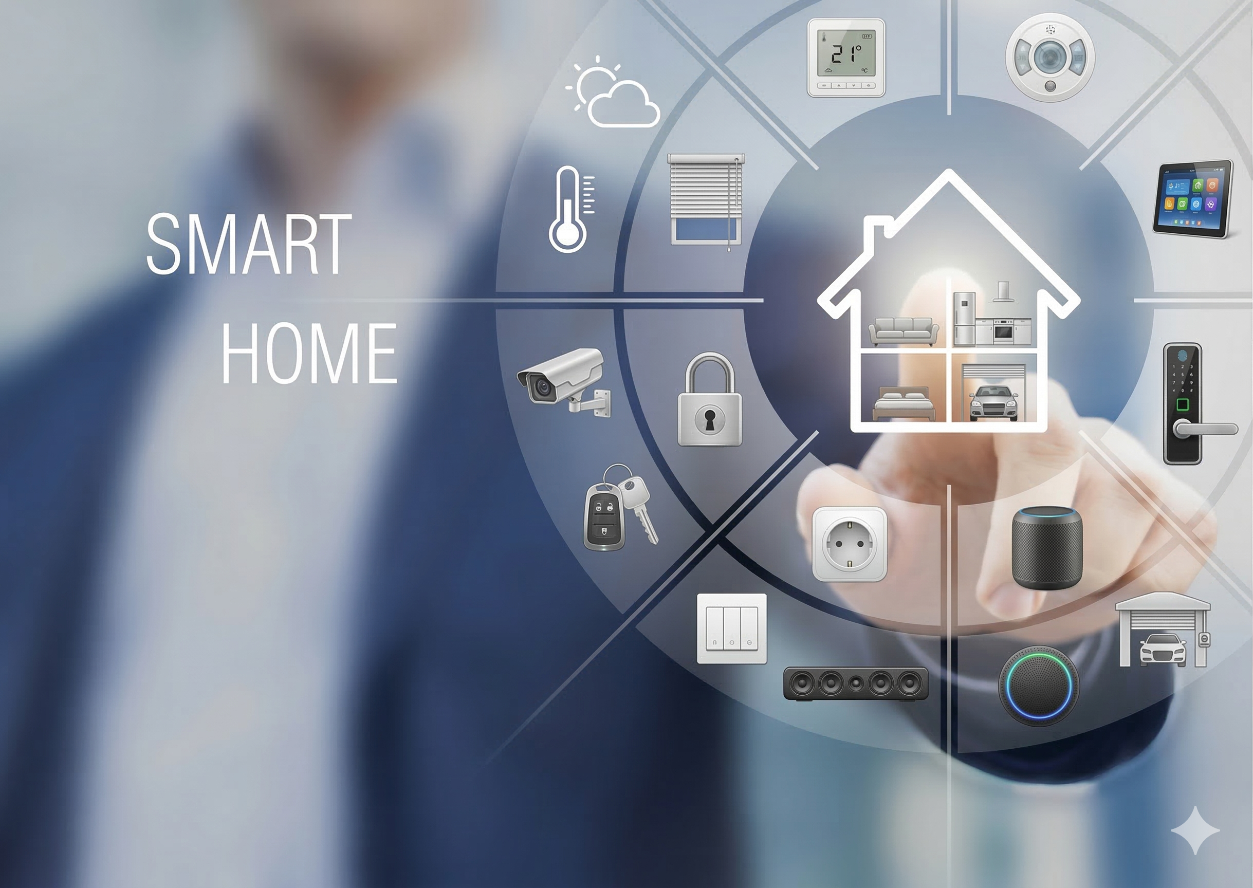 Eine Person bedient ein virtuelles Smart-Home-Interface, das verschiedene Haushaltsgeräte und Sicherheitsfunktionen in einer kreisförmigen Menüstruktur darstellt.