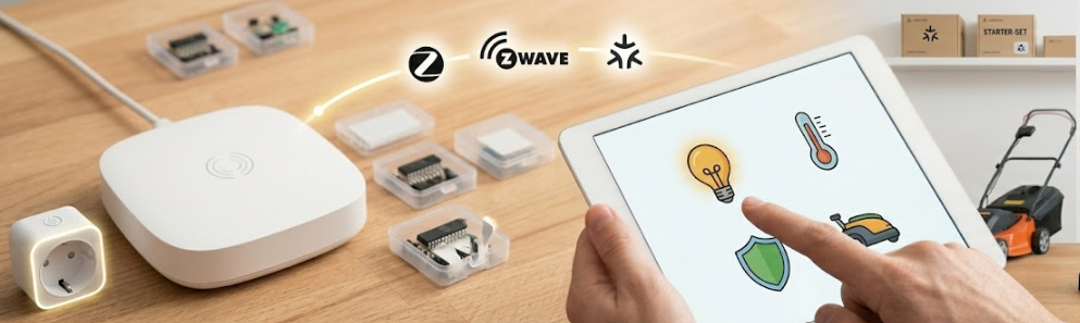 Eine Hand steuert über ein Tablet verschiedene Smart-Home-Funktionen, während im Hintergrund eine zentrale Steuereinheit und verschiedene Funkstandard-Logos wie Z-Wave die Vernetzung verdeutlichen.