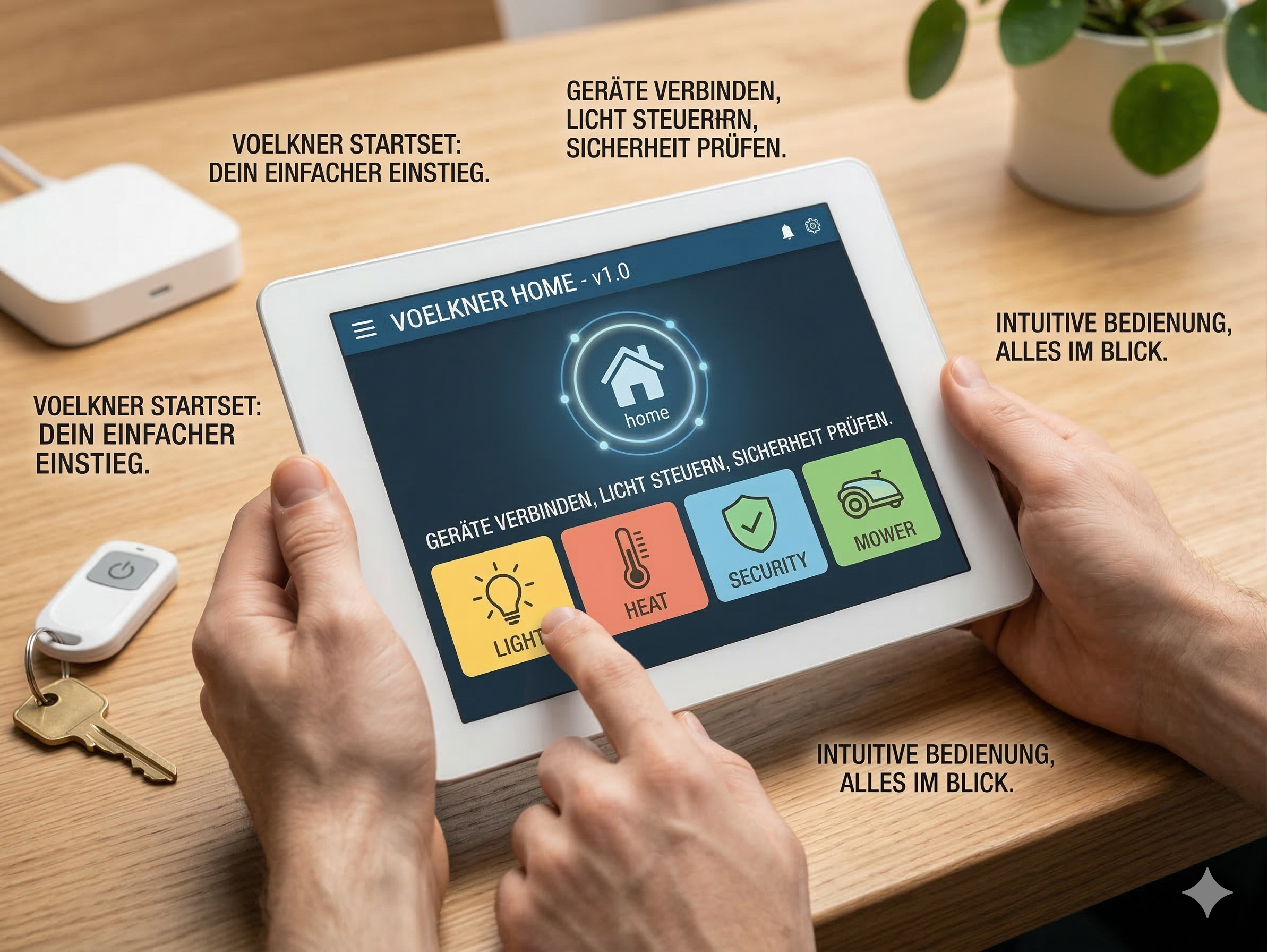 Ein Tablet-Display in den Händen eines Nutzers zeigt die Benutzeroberfläche einer Smart-Home-App zur Steuerung von Licht, Heizung und Sicherheit in einem wohnlichen Ambiente.